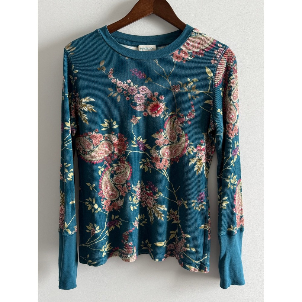 Sundance Teal Floral Paisley Thermal Waffle Knit Top Velvet Button Cuff Medium